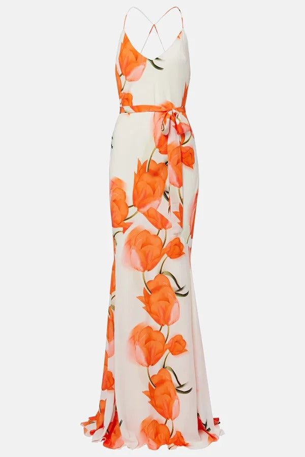 Charmante robe longue évasée à imprimé tulipes, dos nu, bretelles croisées et foulard
