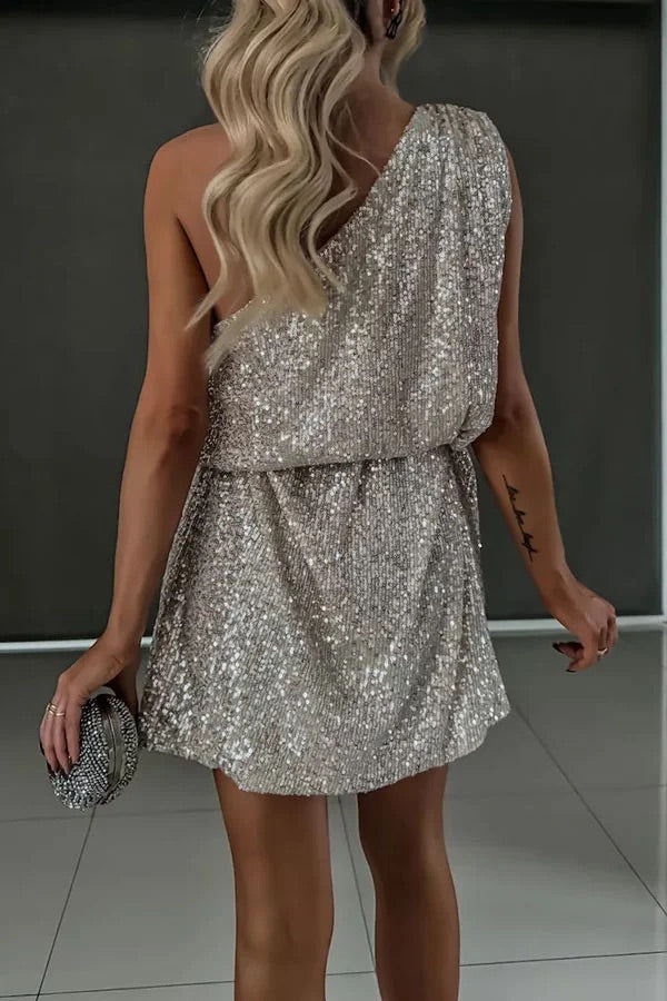 Shimmering Night Sequin One Shoulder Tie Up Loose Party Mini Dress