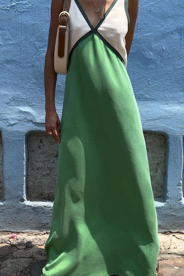 Robe chic à col en V et couleurs contrastées
