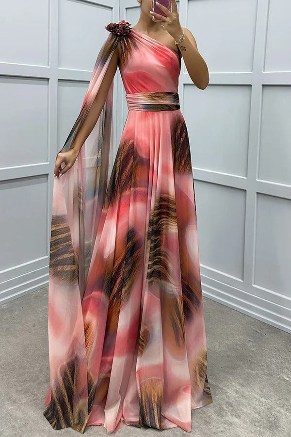 Lucia Unique Print Floral Detail One Shoulder Draped Sleeve Gown Maxi Dress