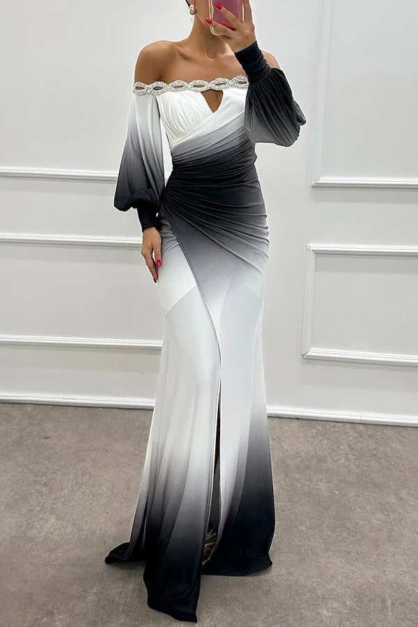 Robe longue Julieta à imprimé dégradé, col bateau, épaules dénudées, détails de pierres précieuses, fente