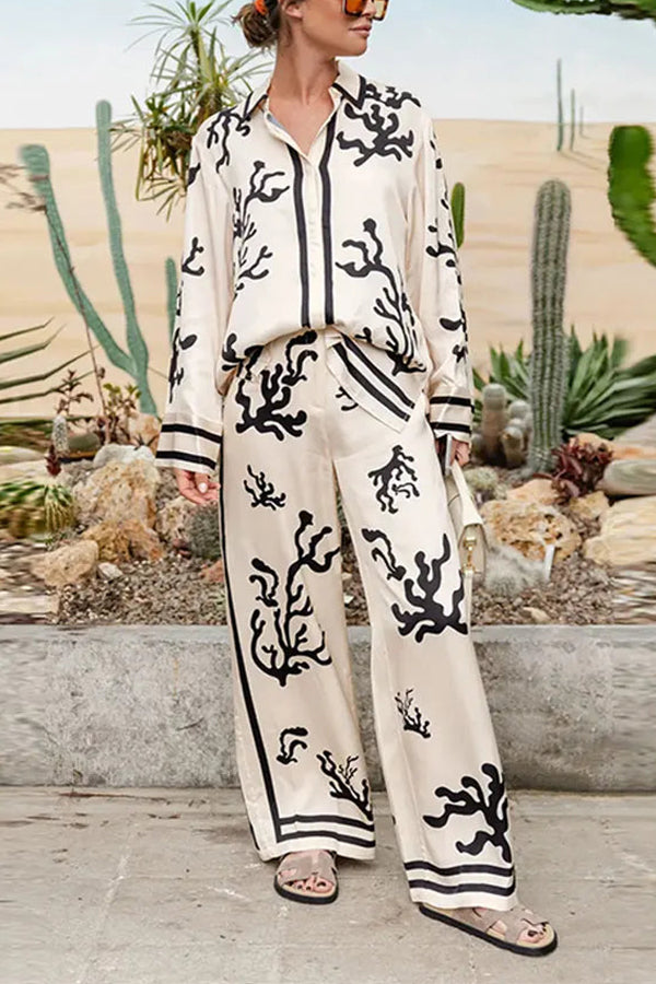 LEICHTE UND KOMFORTABLE SATINHOSE MIT EINZIGARTIGEM DRUCK, ELASTISCHER TAILLE, TASCHEN UND WEITEM BEIN 