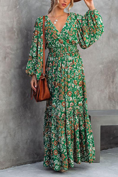 Fashion printed lantern long-sleeved V-neck backless stitching dress