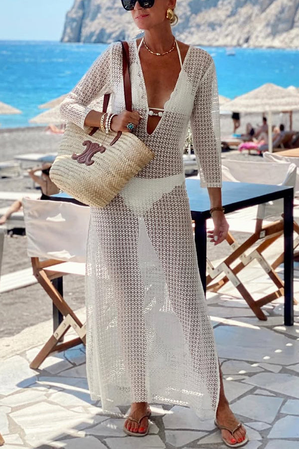 Robe longue de vacances en dentelle crochetée Beach Life à col en U et manches mi-longues 