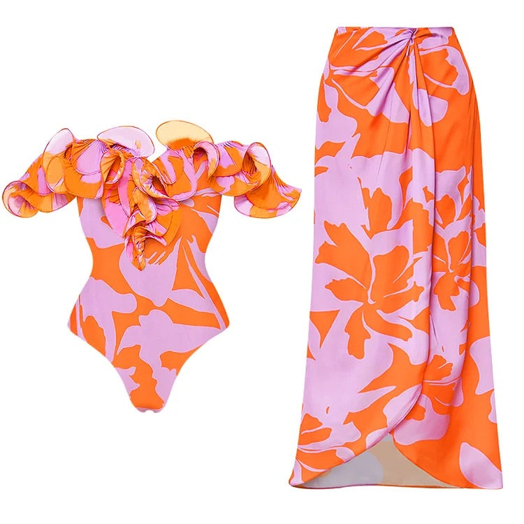 Maillot de bain une pièce imprimé à volants et épaules dénudées avec jupe 