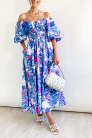 Elegant Square Neck Printed Puff Sleeve Long Dress