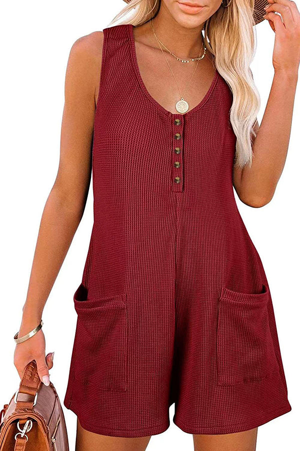 Summer Camping Waffle Fabric Button Up Pocketed Loose Romper