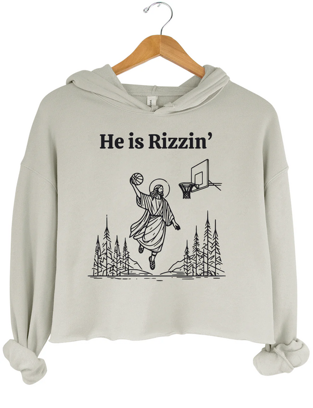 He ls Rizzin Funny Easter Jesus Playing Basketball Crop Hoodie