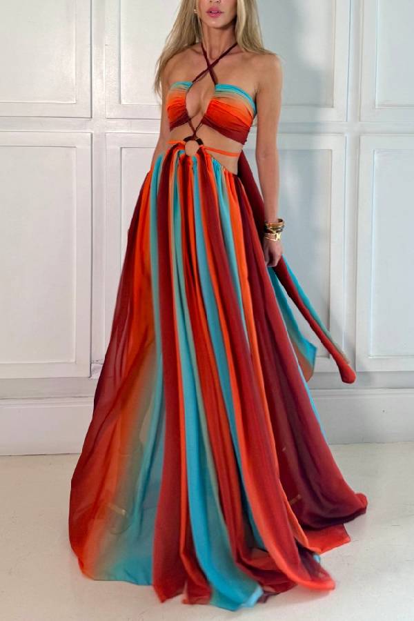 Robe longue de vacances fendue en tulle imprimé avec anneaux creux et plusieurs styles