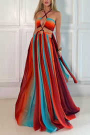 Variety of Styles Tulle Printed Ring Hollow Design Slit Vacation Maxi Dress