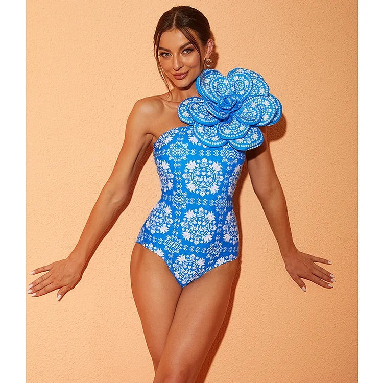3D Flower One Shoulder Printed One Piece Swimsuit and Skirt