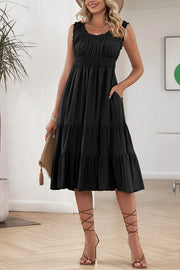 Black U-Neck Sleeveless Ruched Tiered Ruffled Midi Dress