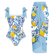 Lemon Floral Printed Sling One Piece Swimsuit and Sarong