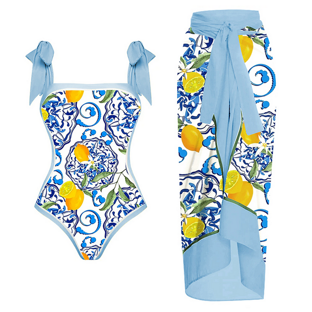 Lemon Floral Printed Sling One Piece Swimsuit and Sarong