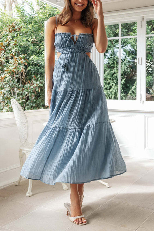 Robe longue trapèze sans manches à col en V et mosaïque de couleur unie