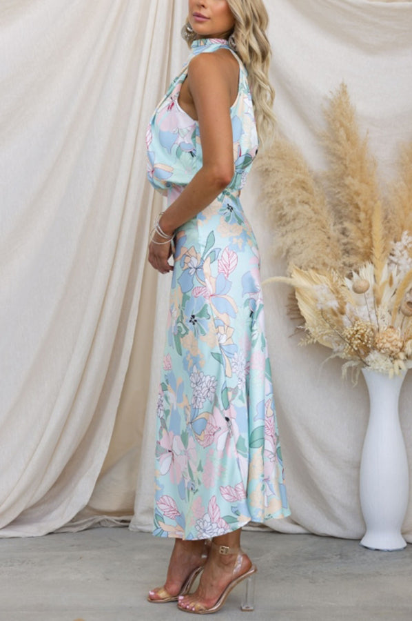 Robe longue à fleurs et col licou, taille élastique, motif Love In The Garden 