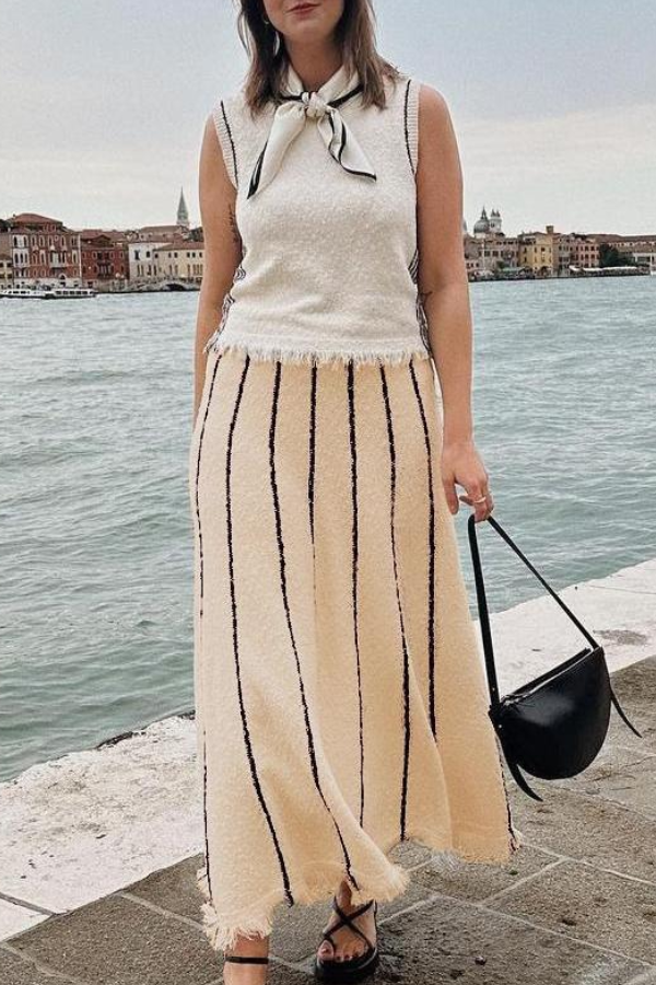 Striped Fringed Knitted Skirt