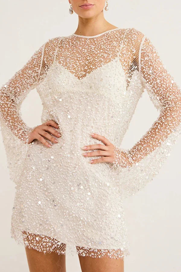 Sparkle and Shine Sequins and Pearls Fabric Mini Dress with Separate Slip