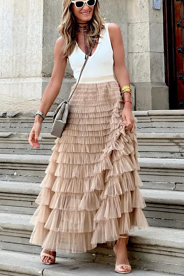Jupe longue en tulle à taille élastique et à volants Soyez votre propre reine de la ville