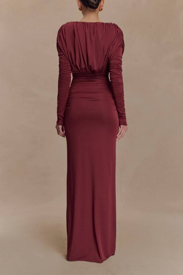 Burgundy Phantom Deep V Pleated Long Sleeve Evening Dress