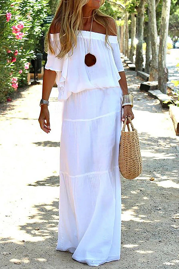 Robe longue de plage décontractée à épaules dénudées et couleur unie