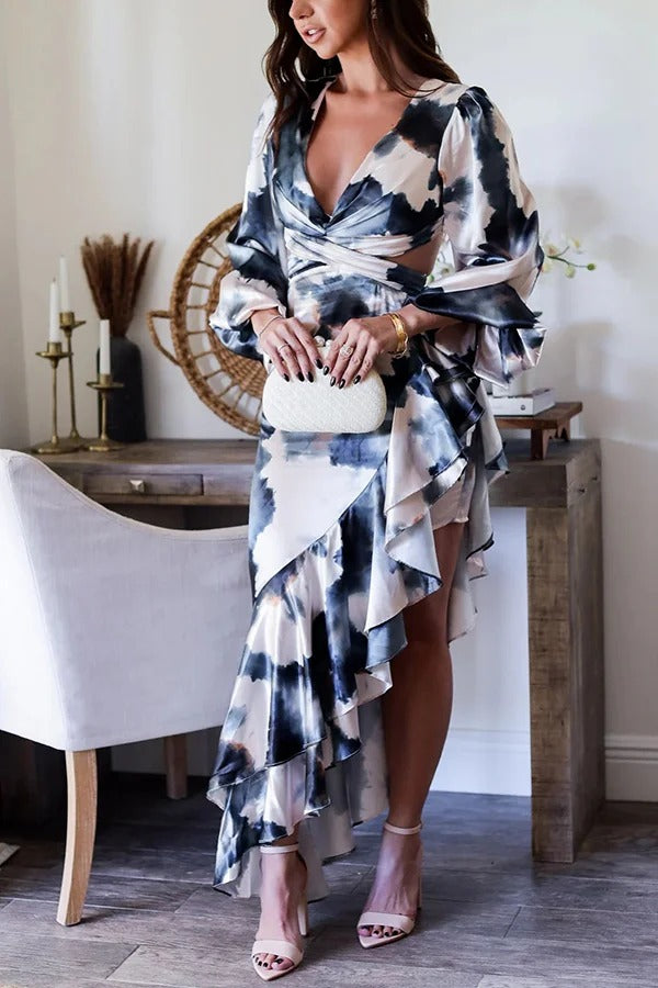 Robe longue fendue dos nu à volants et imprimé tie-dye, prête pour une soirée formelle