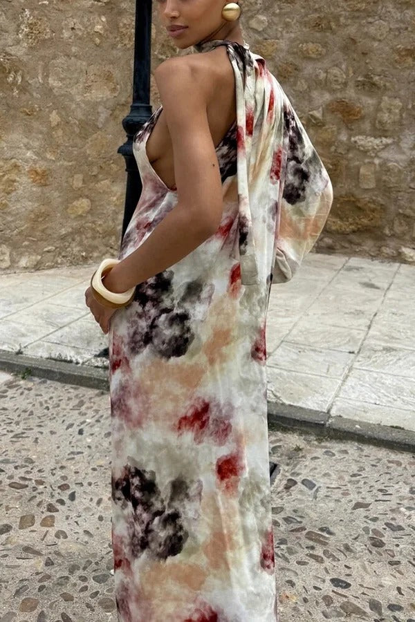Ninah Satin Tie-dye Print Tie-up Neck One Sleeve H-line Maxi Dress