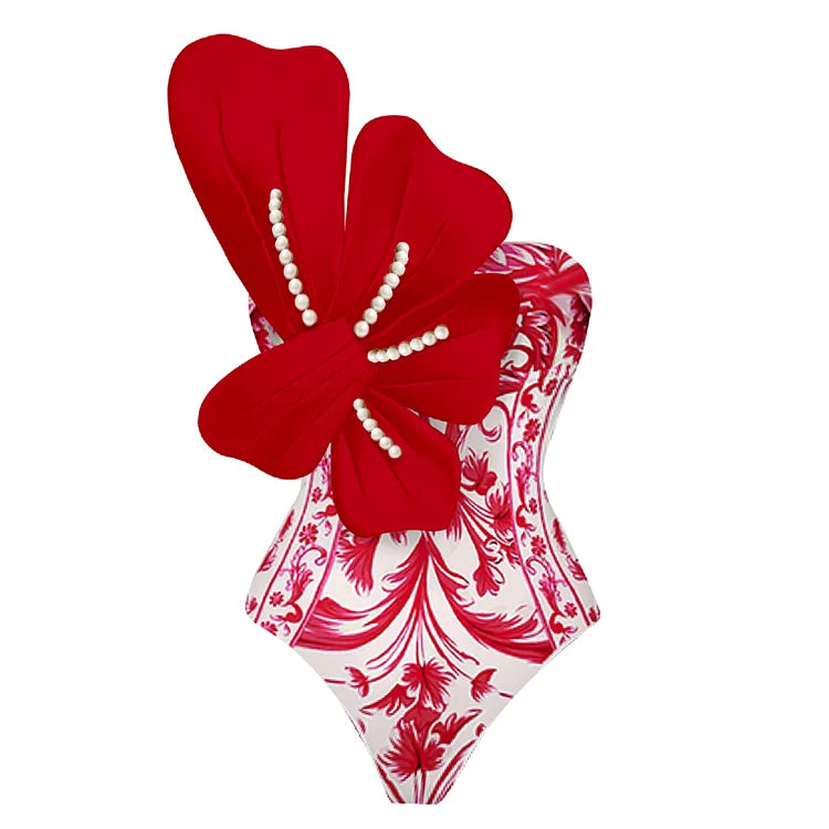 Maillot de bain une pièce asymétrique à fleurs et perles 3D 