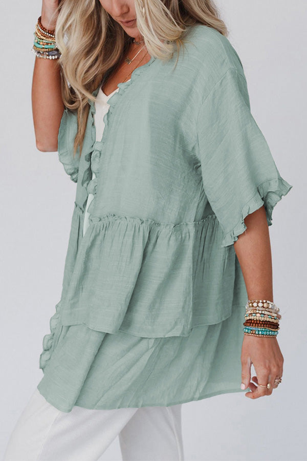 Ruffled Trim Short Sleeve Open Front Kimono