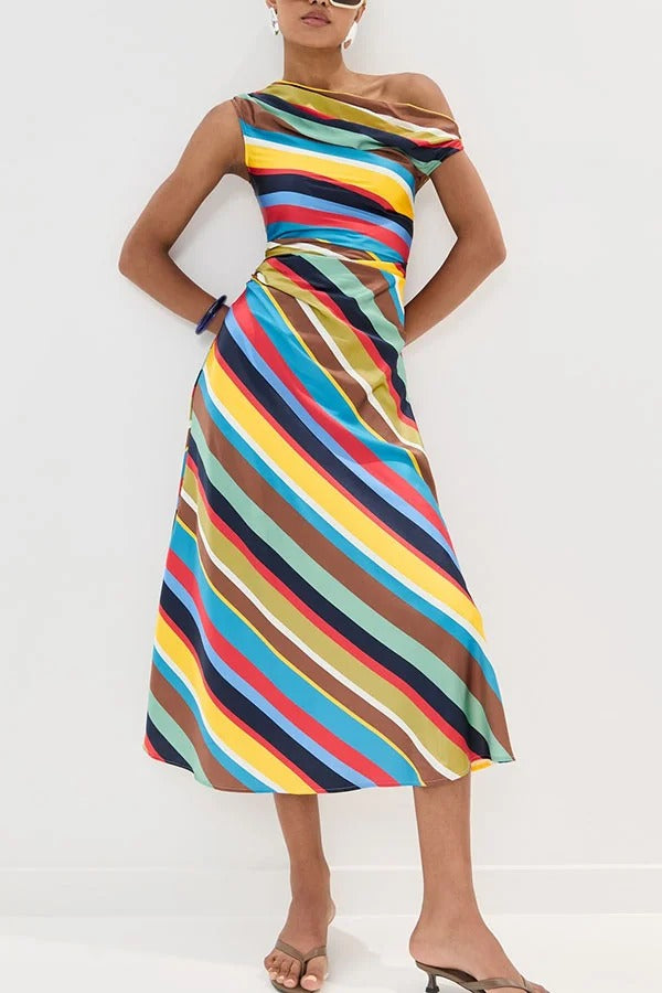 Sunkissed Satin Colourful Stripe Print One Shoulder Midi Dress