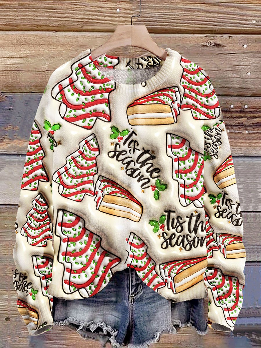 Christmas Tree Cakes Print Knit Pullover Sweater