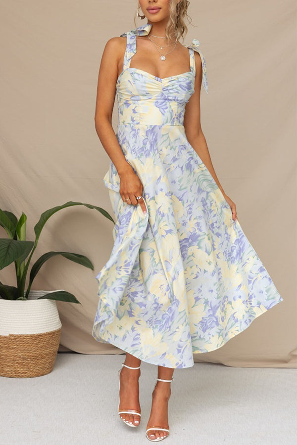 Slim fit slim waist V-neck suspender print mid-length dress
