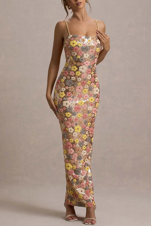 Robe longue extensible à imprimé floral et sequins, col carré, inspirée des années 80