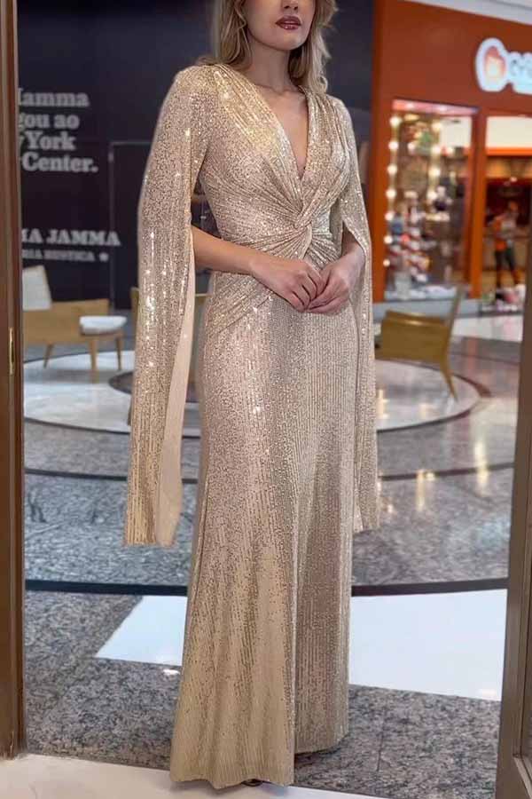 Robe longue de soirée à sequins et manches cape croisées Shine Brighter