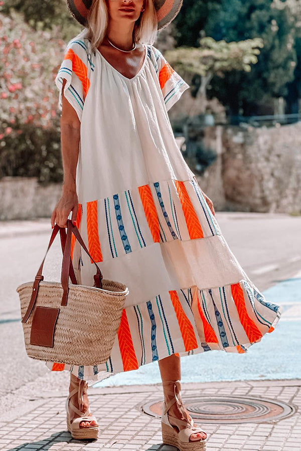 Summer loose casual dress with v-neck short sleeves in Formentera