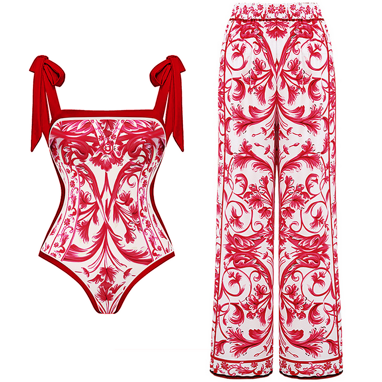 Maillot de bain une pièce réversible à épaules nouées et jupe style baroque 