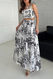 Fashion Print Lace Up Top + Skirt Women's Dress