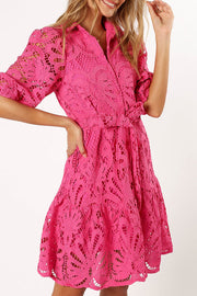 Solid Color Lace Cutout Balloon Sleeves and Waist Tie Mini Dress