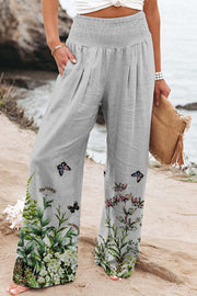 Finn Printed High Rise Smocked Waist Pocketed Wide Leg Pants