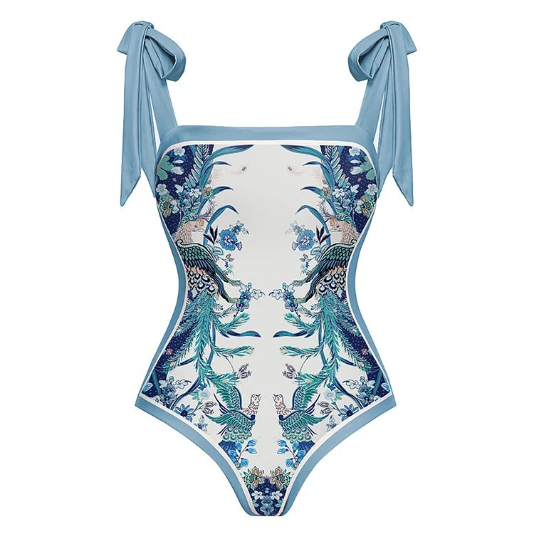 swimgirls Blauer, wendbarer Badeanzug mit Schleife und Schulterschnürung und Sarong/Rock 