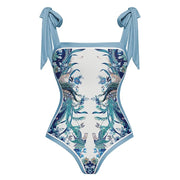 swimgirls Blue Reversible Bowknot Tie-shoulder One Piece Swimsuit and Sarong/Skirt