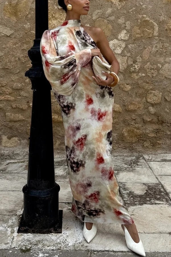 Ninah Satin Tie-dye Print Tie-up Neck One Sleeve H-line Maxi Dress