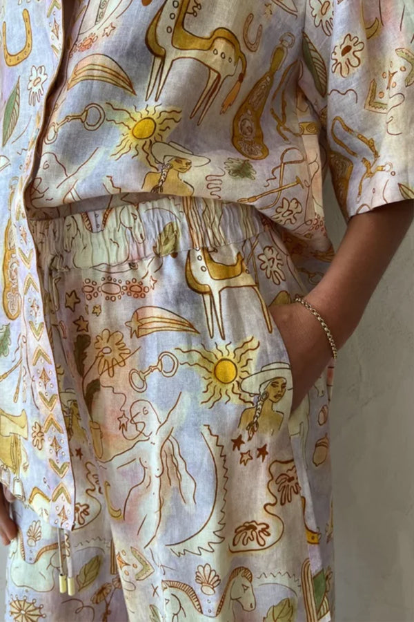 Sunshine Loving Linen Blend Mythological Pattern Button Down Oversized Blouse