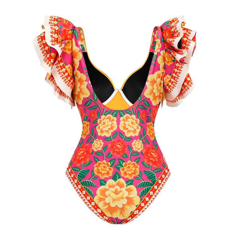 Maillot de bain une pièce à volants et imprimé contrasté et paréo 
