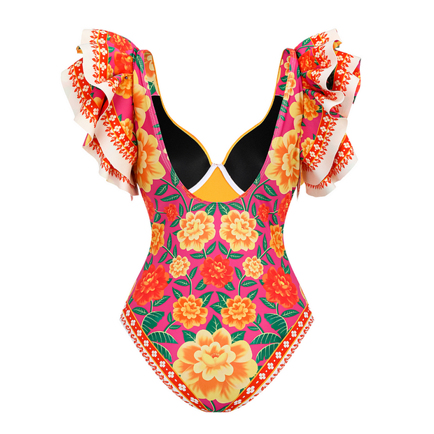 Ruffled Contrast Print One Piece Swimsuit and Sarong