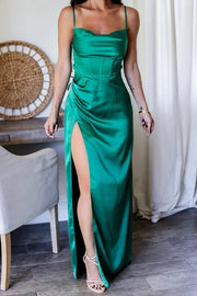 Timeless Luxurious Feel Satin Corset Cowl Bust Slit Maxi Dress