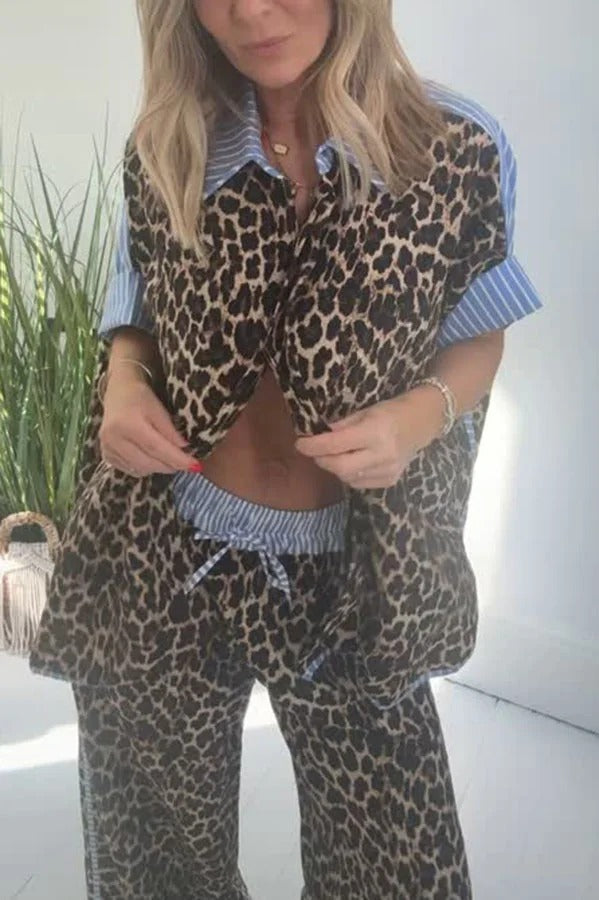 Comfortable Leopard Stripes Colorblock Print Oversized Shirt and Elastic Waist Pocket Loose Pants Set
