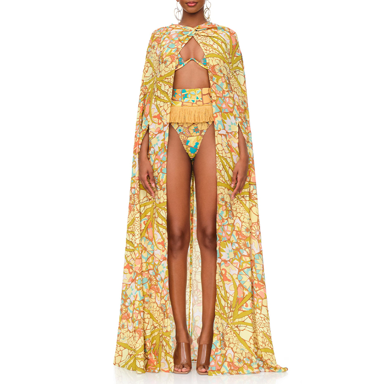 Maillot de bain bikini à imprimé opulent et cape à pompons 