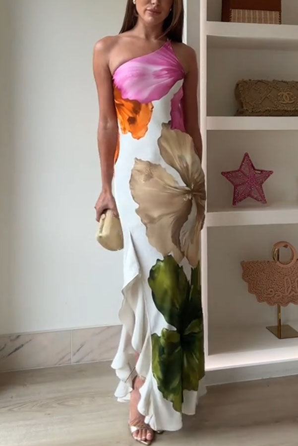 Robe longue à imprimé floral et volants sur les côtés, asymétrique et à une épaule