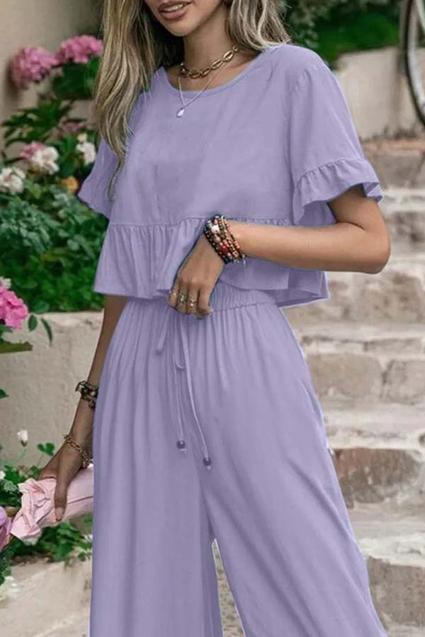 Casual loose solid color short-sleeved wide-leg pants two-piece set